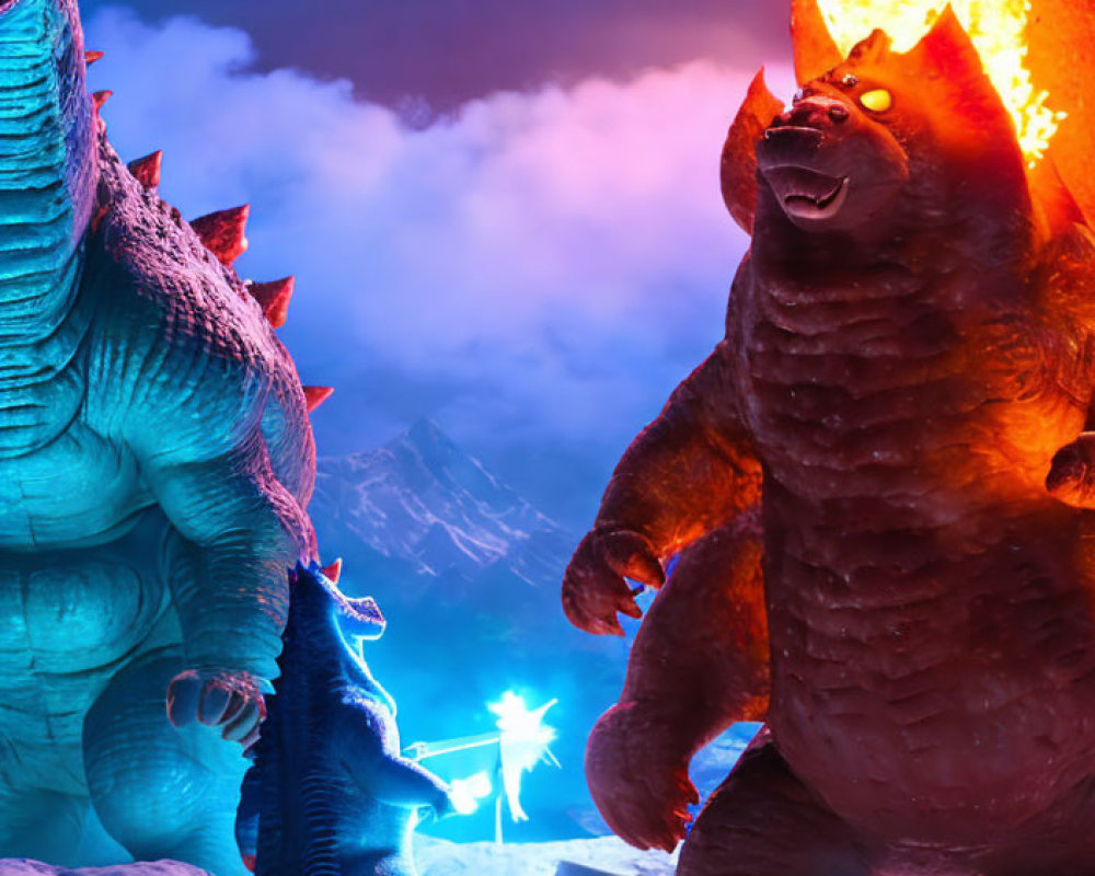 Illustration of two giant animated monsters: a blue spiked reptile and a fiery spiked brown bear