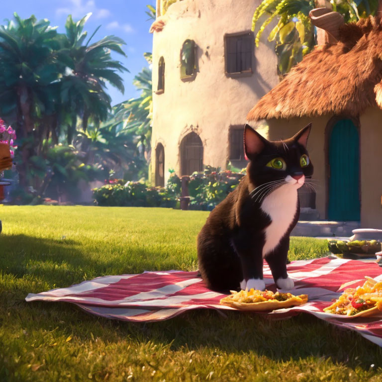 Black and White Cat with Green Eyes on Picnic Blanket Near Stucco House