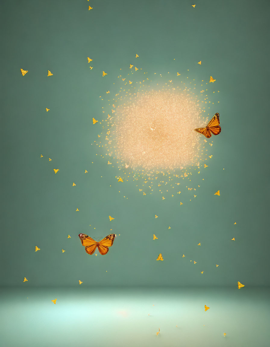 Glowing particle cluster on teal background with butterflies and bright specks