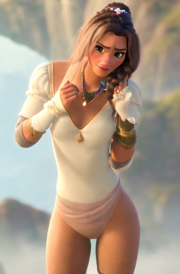 3D animated female character with long hair, white top, pink shorts, and jewelry in natural setting