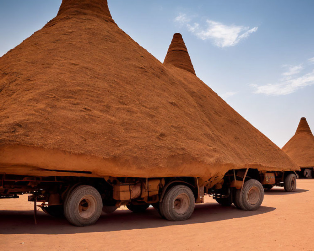 Orange Cone-Shaped Structures on Wheels in Red Sand