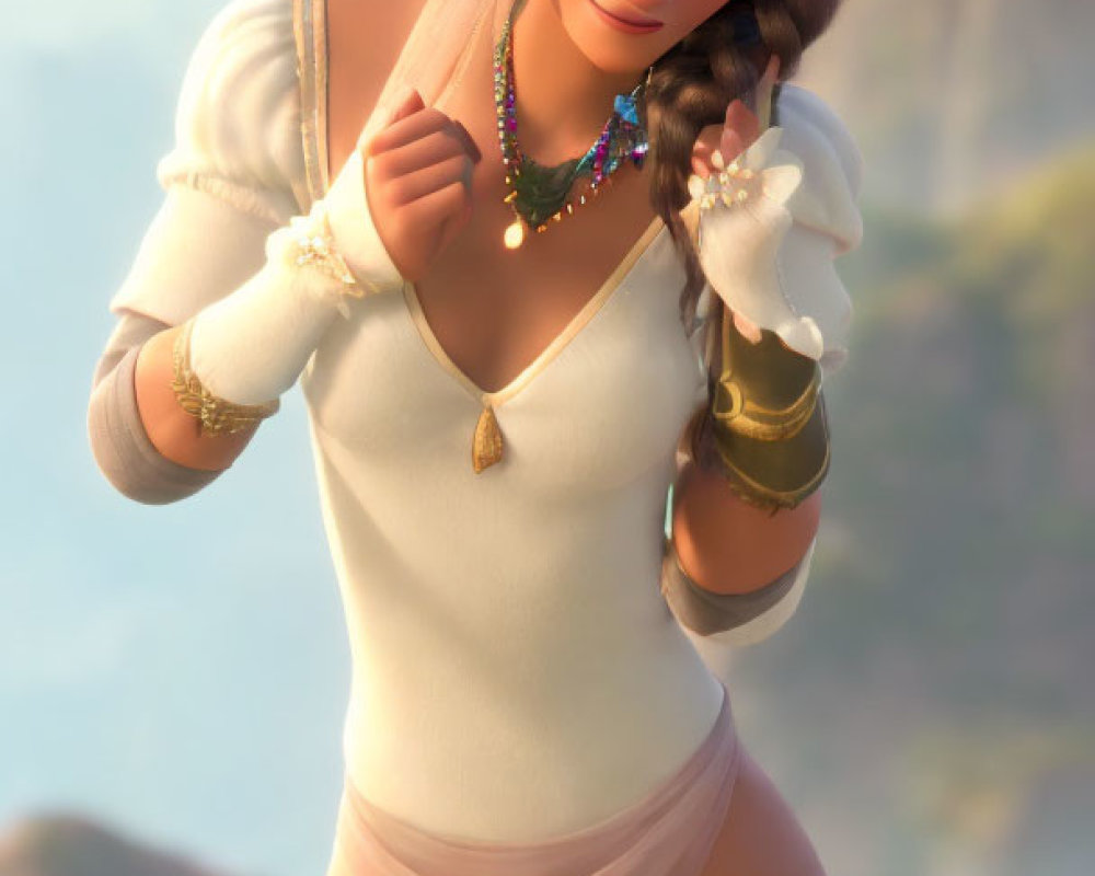 3D animated female character with long hair, white top, pink shorts, and jewelry in natural setting