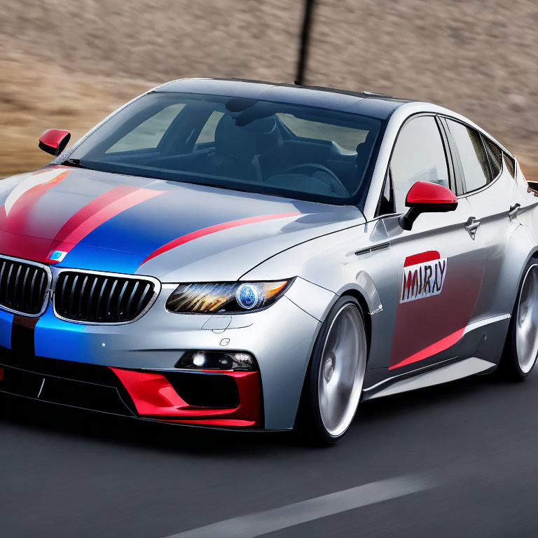 Sporty BMW Sedan with M Livery in Motion on Blurred Background
