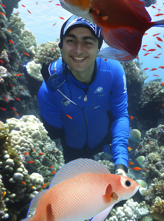 Smiling diver in blue wetsuit surrounded by fish and coral reefs