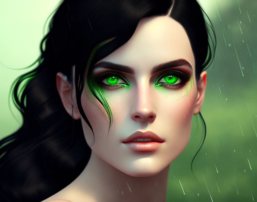 Portrait of woman with green eyes, dark hair, and subtle glow in rainy scene