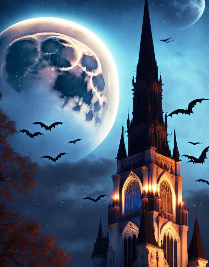 Gothic cathedral silhouette with moon and bats at night