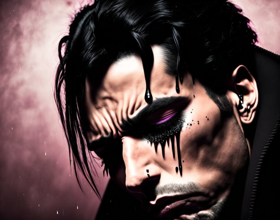 Stylized portrait of brooding man with black tears and purple eye shadow