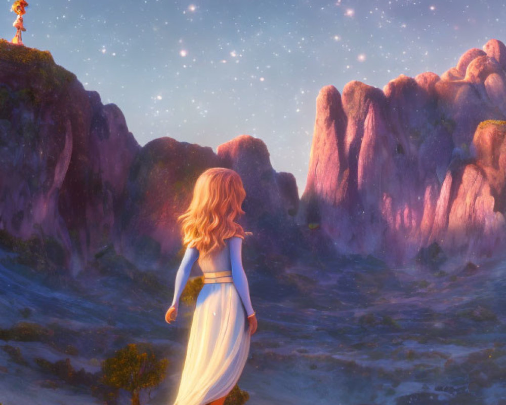 Girl in white dress gazes at moonlit sky in mystical landscape.