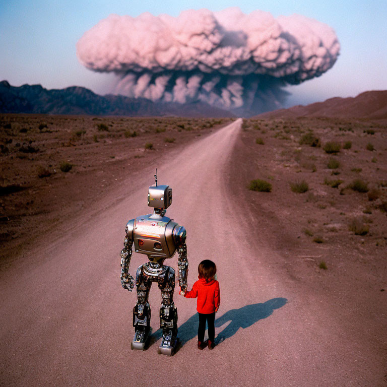 Robot and child on desert road with billowing cloud