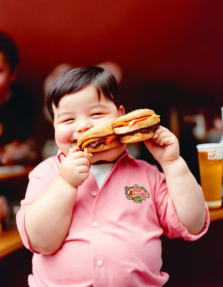 Child in pink shirt about to eat large hamburger with beer in background