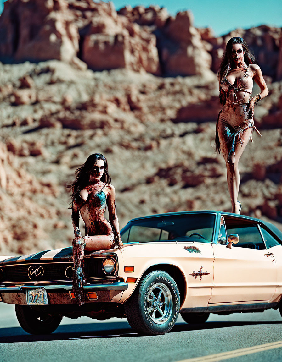 Two Women in Bikinis Posing on Classic Mustang in Desert Setting