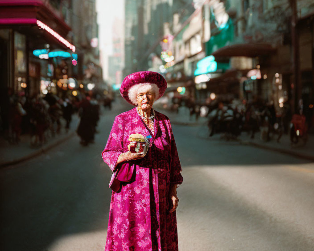 Elderly person in vibrant pink traditional outfit with red hat and bouquet on busy street