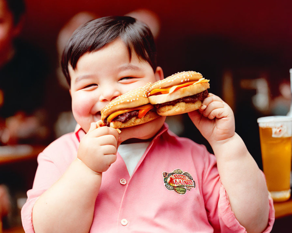 Child in pink shirt about to eat large hamburger with beer in background