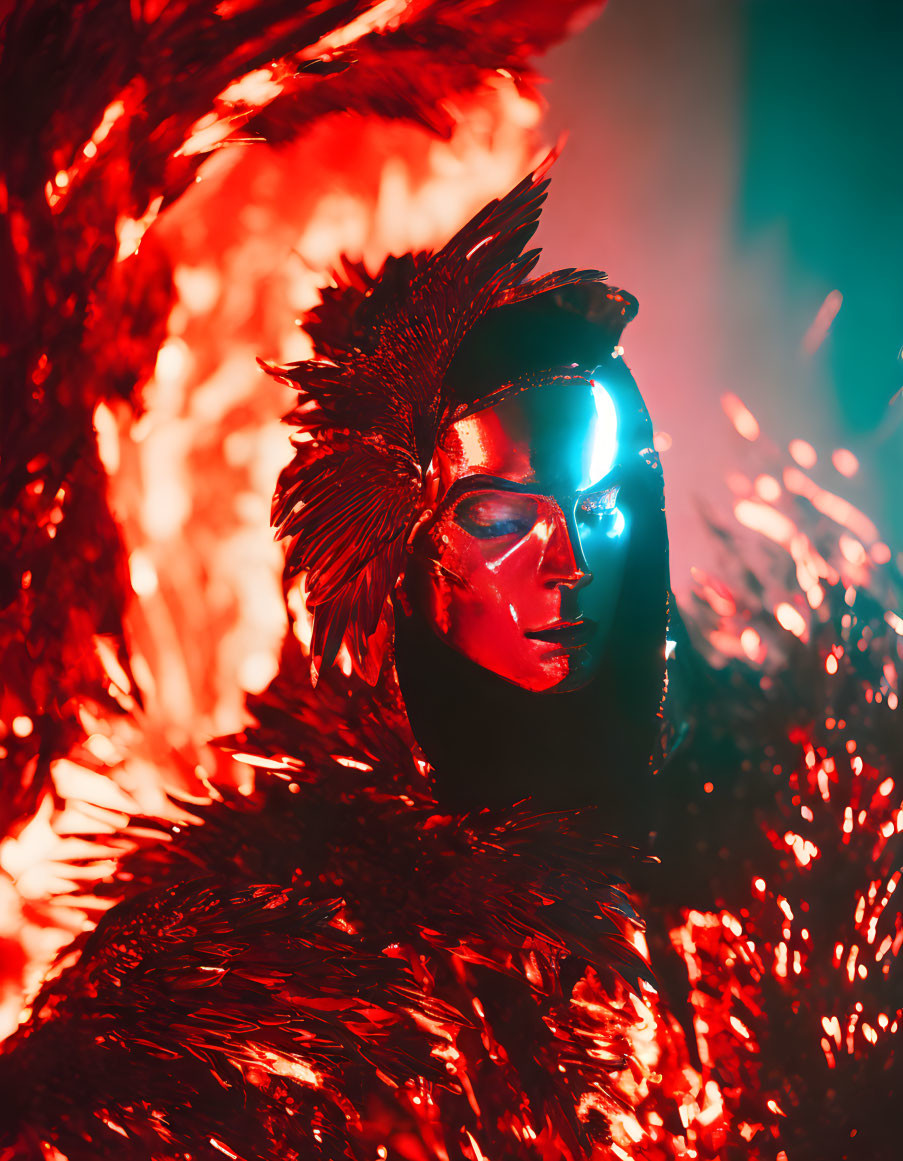 Person in Striking Feathered Headdress and Costume in Intense Red Lighting