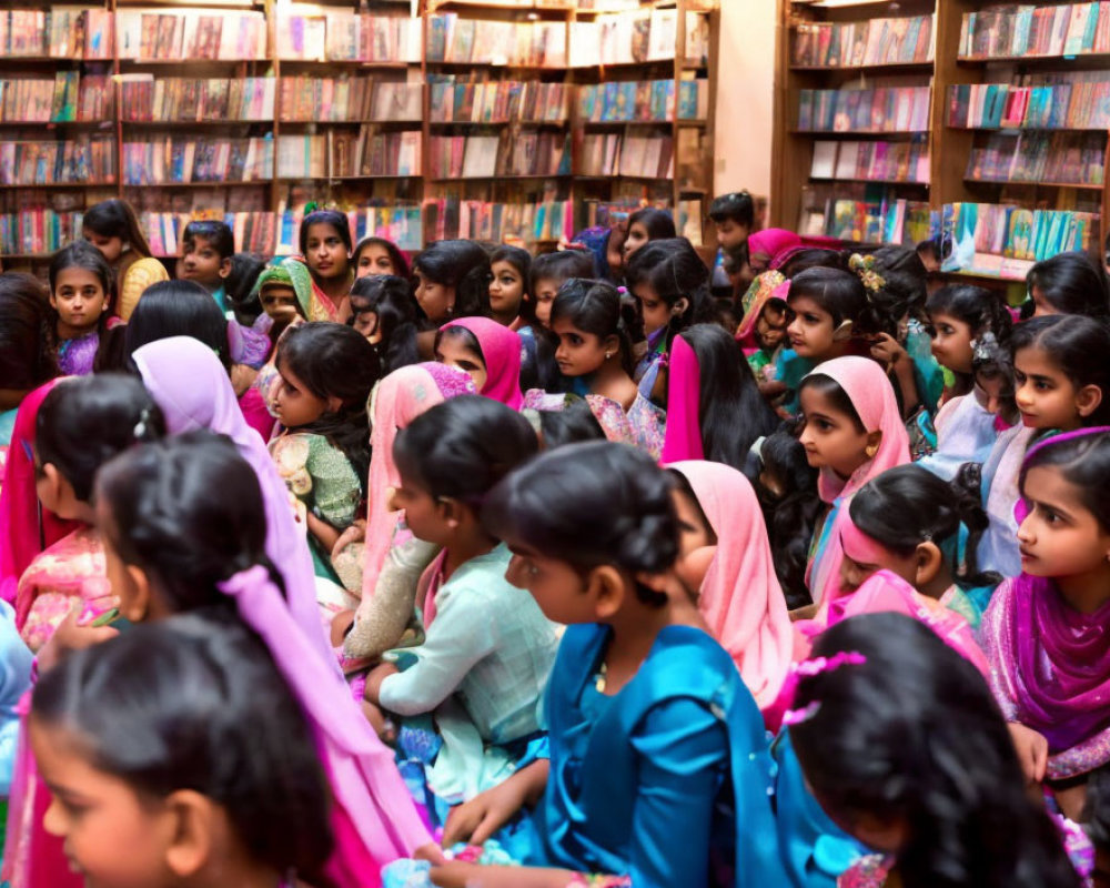 Young girls in colorful attire listening in library event