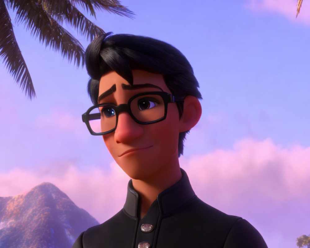 Young male character with black hair and glasses in dark jacket smiles against pink sky and palm leaves