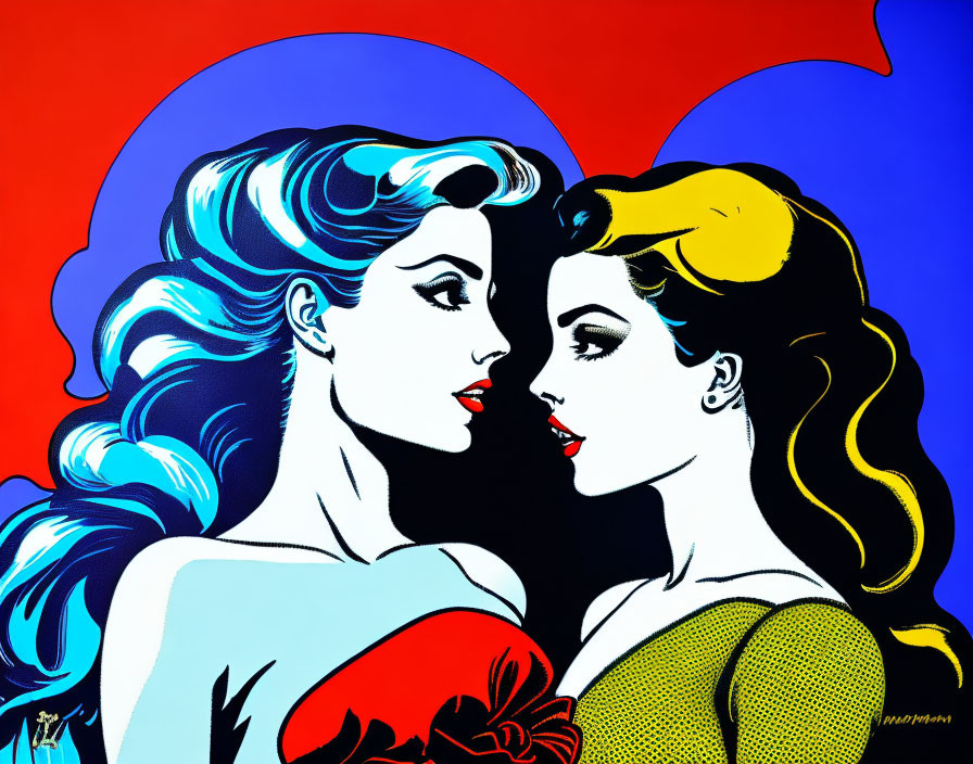 Stylized female figures in bold pop art style with blue and red backgrounds