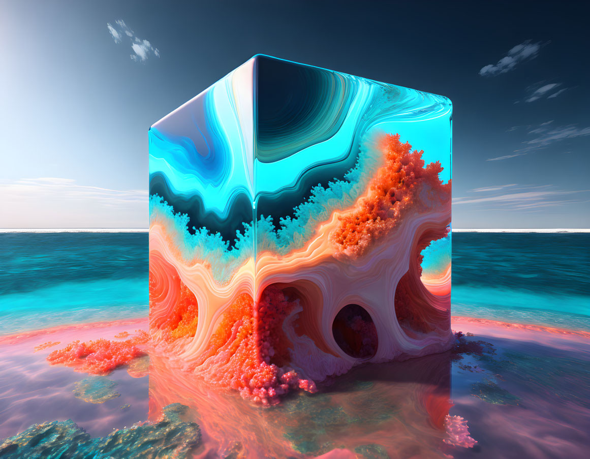 Colorful cubic structure with organic patterns in serene ocean