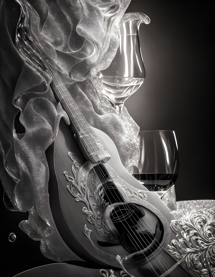 Monochrome image of classical guitar, wine glasses, and swirling fabric