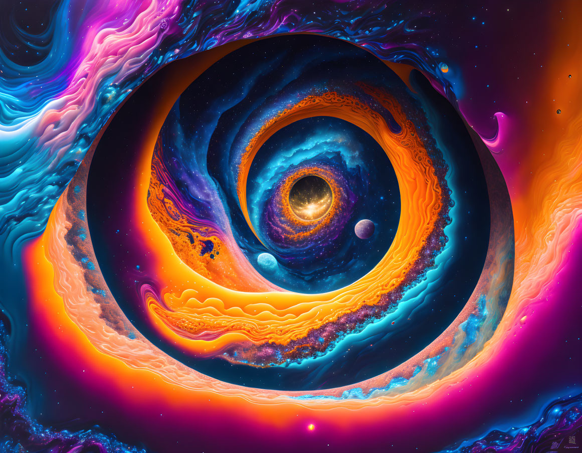 Abstract cosmic scene with swirling blue, purple, orange, and pink patterns