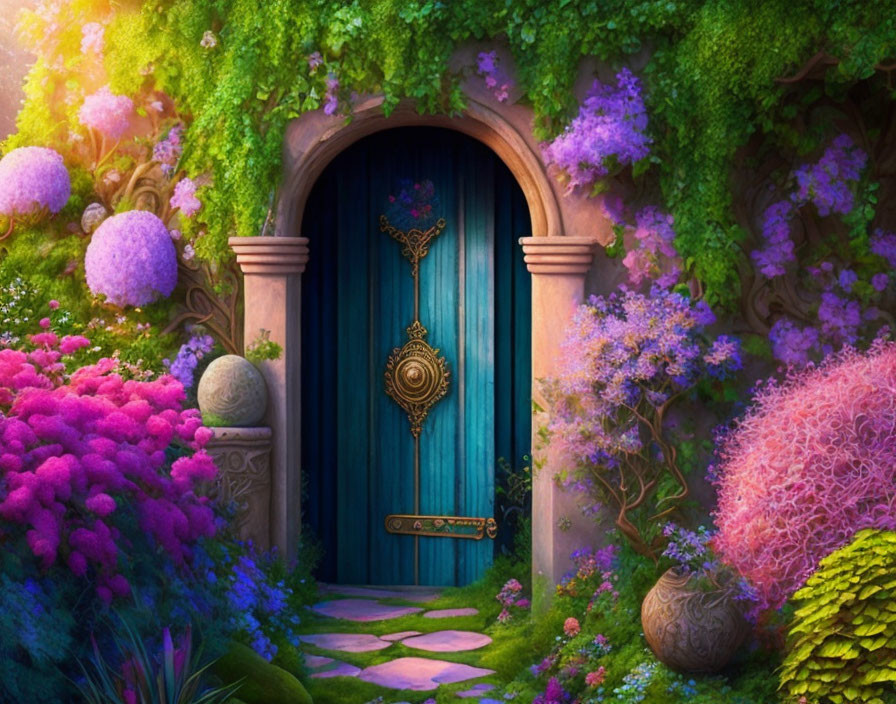 Enchanted garden with blue arched door and colorful flowers