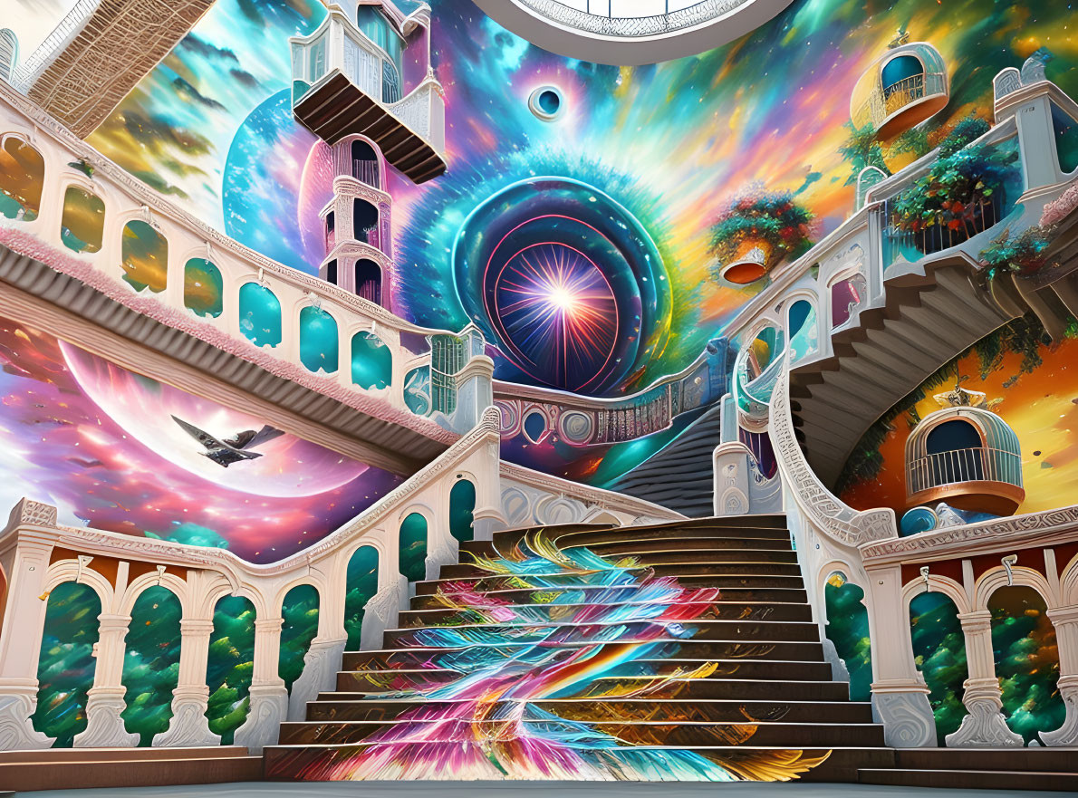 Vibrant surreal interior with cosmic elements and grand staircases