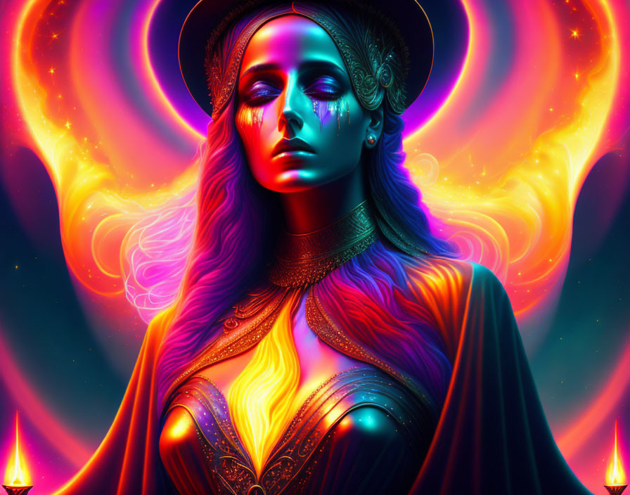 Vibrant surreal portrait of a woman with neon colors and cosmic backdrop