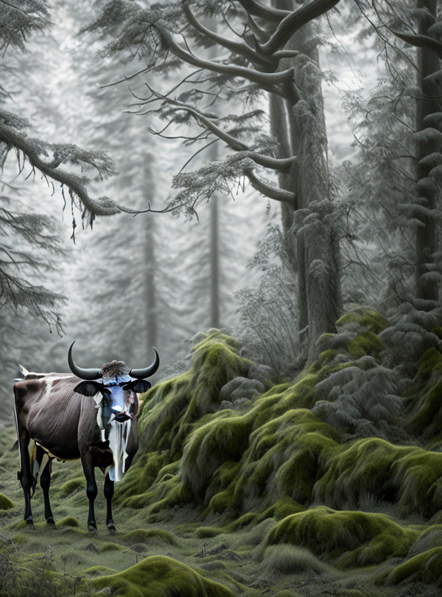 Large-horned cow in foggy, mossy forest with mystical vibe