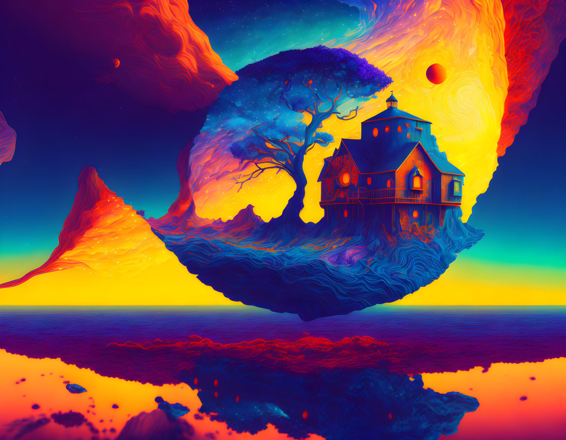 Surreal floating island with house and tree in cosmic landscape