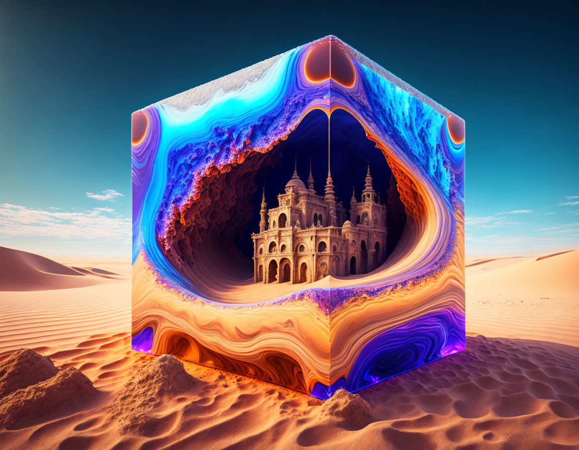 Colorful surrealistic cube with carved palace in desert landscape