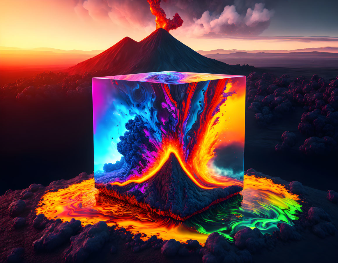 Vibrant cube art in surreal landscape with erupting volcano at sunset