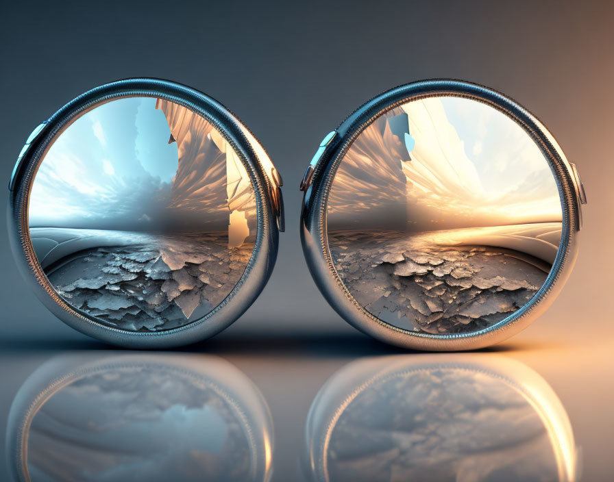 Surreal image: Circular frames with icy and warm landscapes reflected on glossy surface