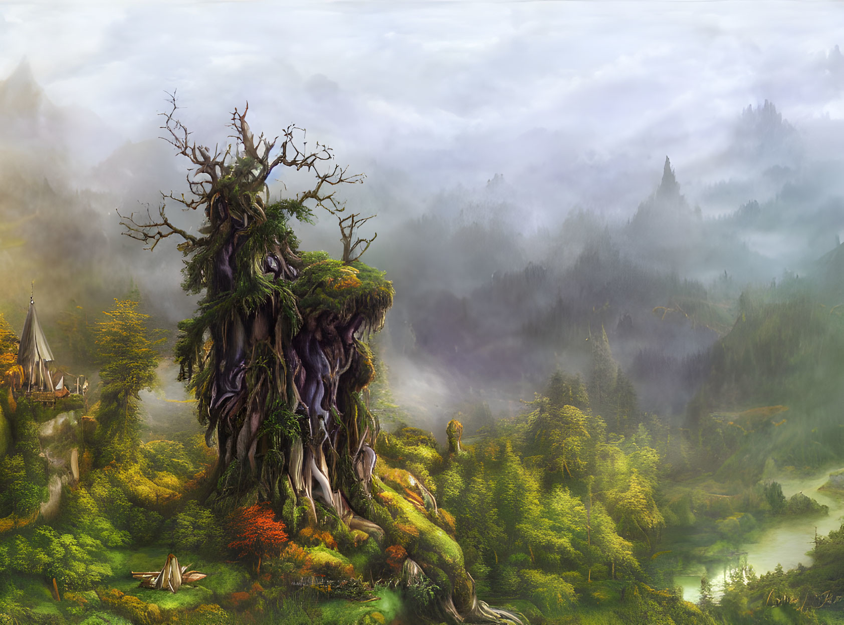 Mystical landscape featuring ancient towering tree, lush greenery, misty mountains, and quaint village