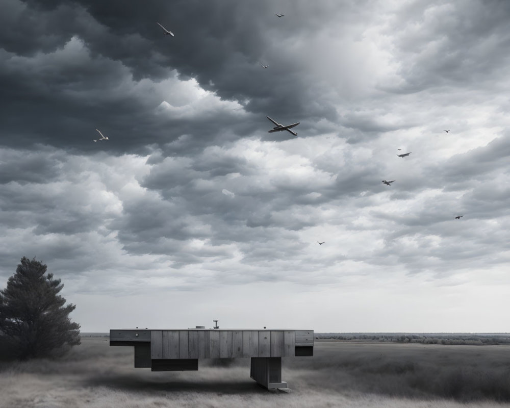 Modern House in Desolate Landscape with Stormy Sky and Birds