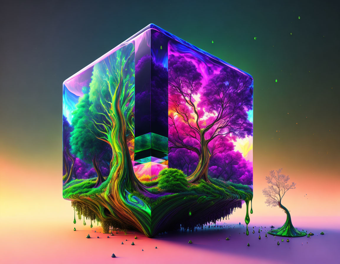 Colorful Cube with Fantastical Landscapes and Trees on Each Pane