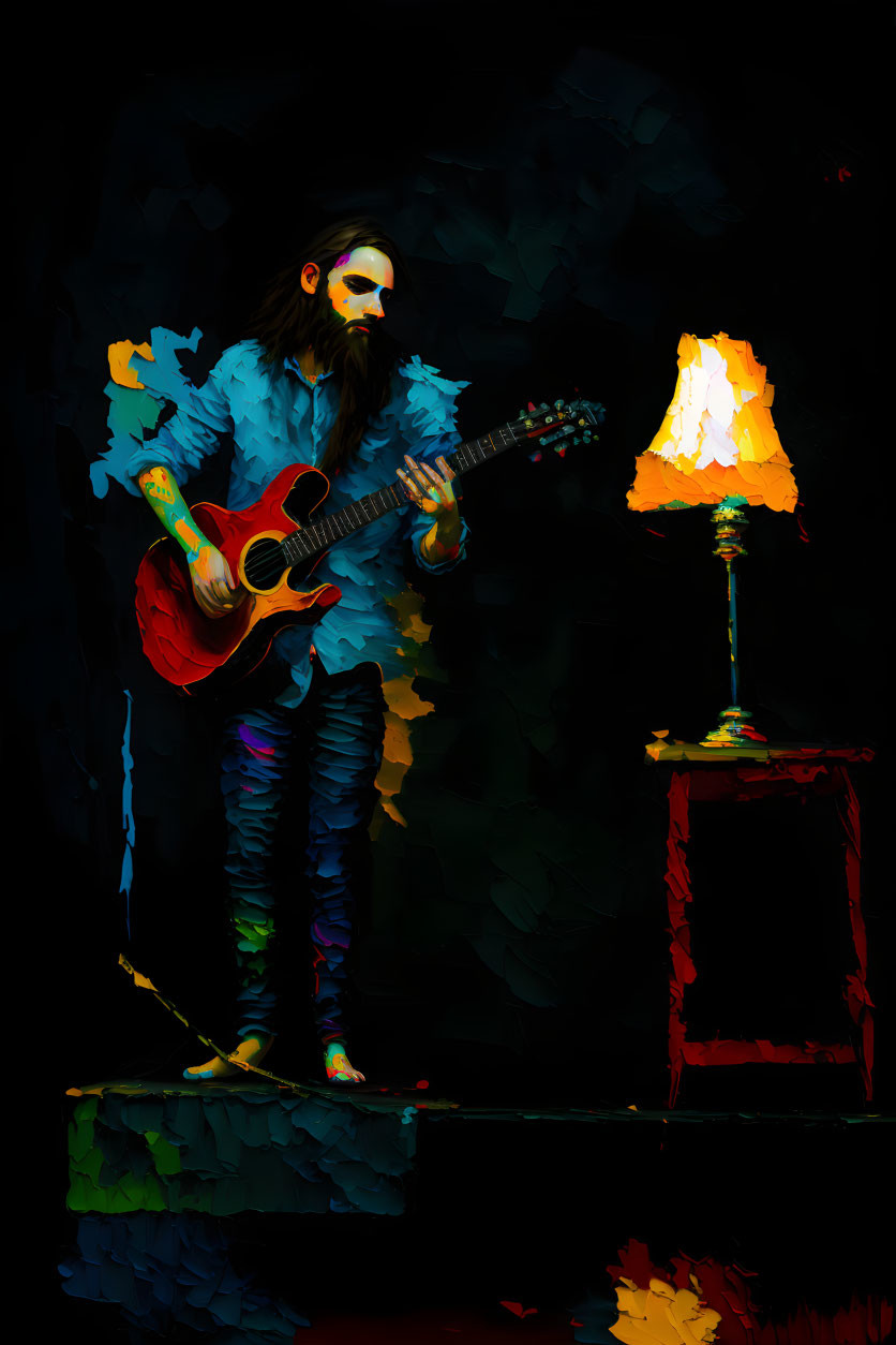 Long-haired person playing acoustic guitar in vibrant abstract colors