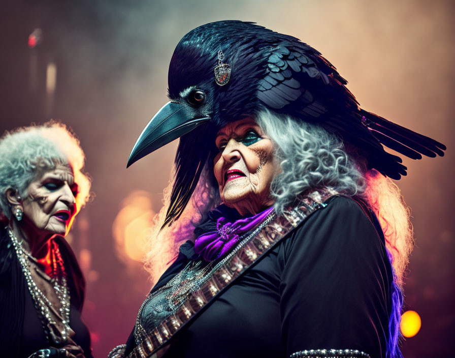 Dramatic makeup: Two elderly women with raven mask under theatrical lighting