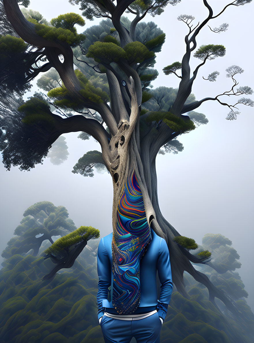 Human figure merges with tree in surreal image against foggy backdrop