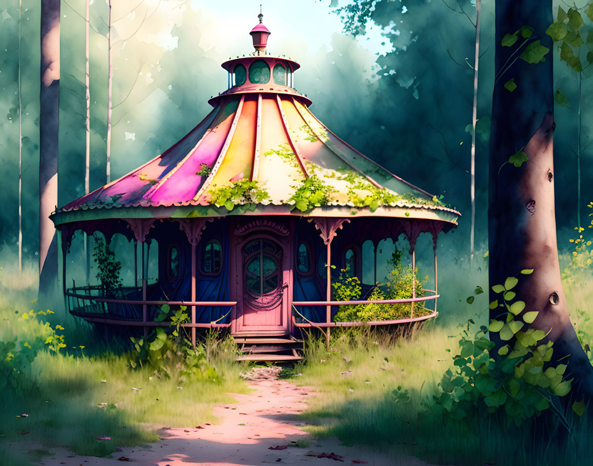 Colorful Vintage Gazebo in Serene Forest Setting