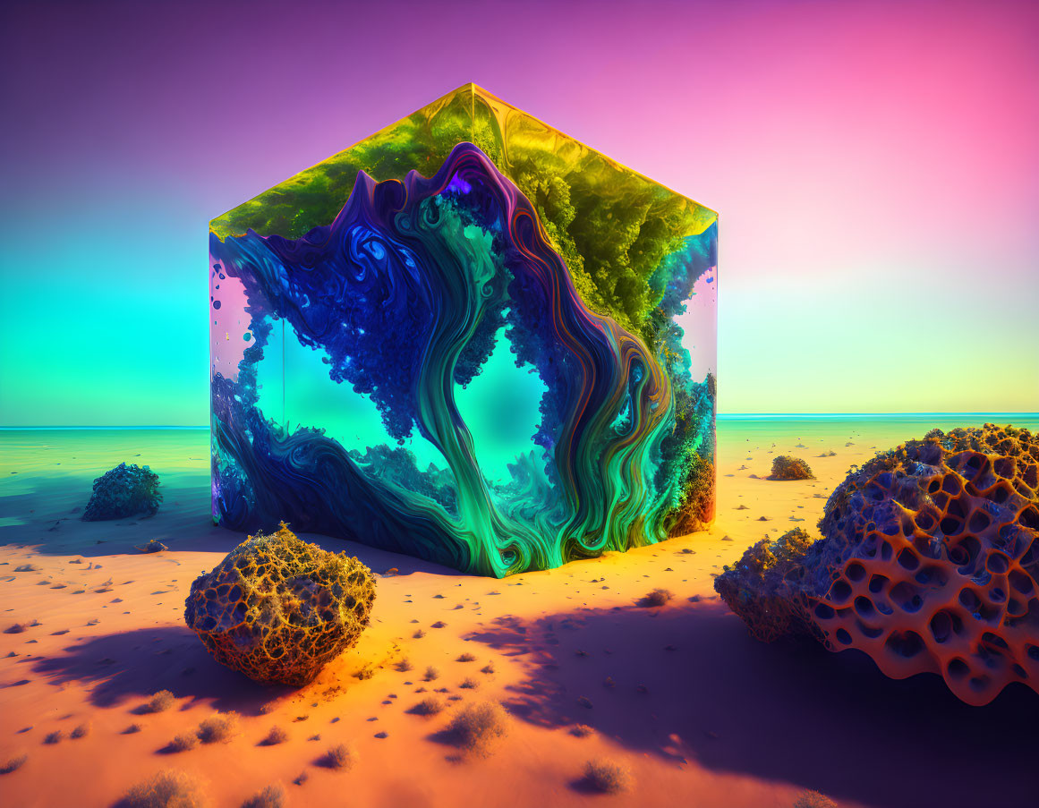 Cube-shaped colorful structure with marbled texture on beach at sunset