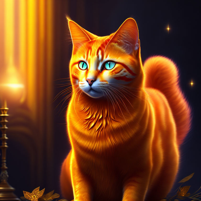 Vibrant orange cat with blue eyes on dark background with golden light