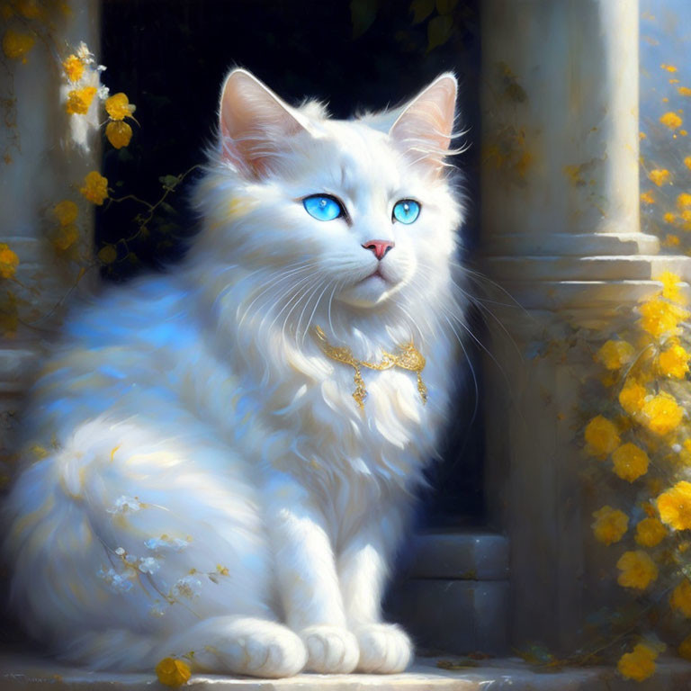 White Cat with Blue Eyes and Gold Collar Beside Yellow Flowers and Stone Columns