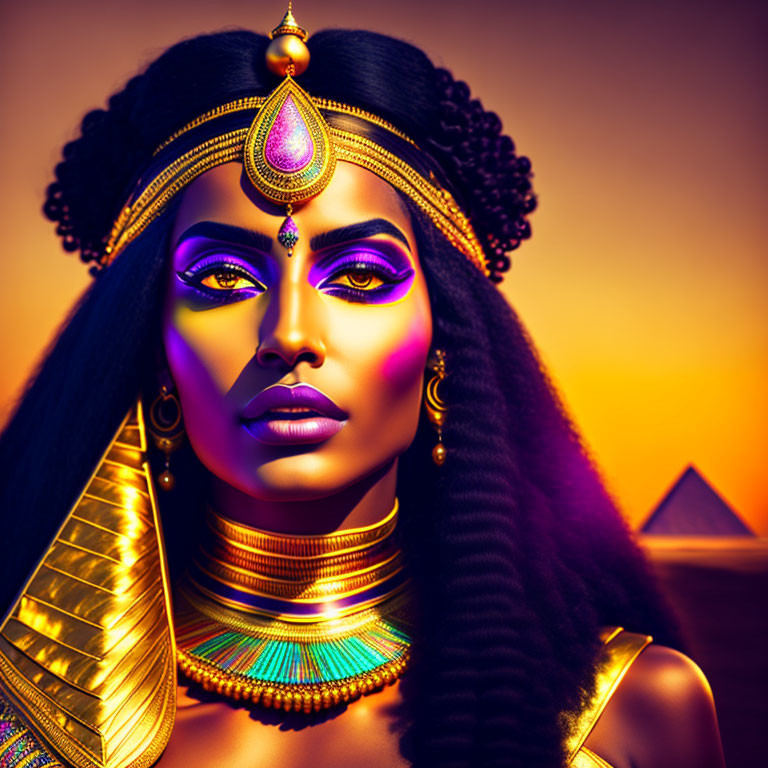 Detailed depiction of a woman as an ancient Egyptian queen with golden headdress and pyramids.