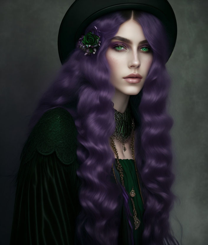 Purple-haired woman in green dress and flower hat with cape - Detailed Description