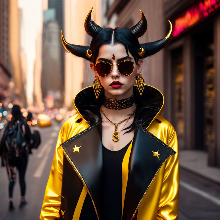 Woman with stylized makeup, horns, sunglasses, and star jacket in city street