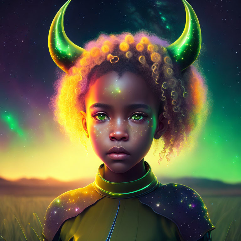 Young girl with glowing horns and cosmic aura in futuristic outfit against starry twilight backdrop