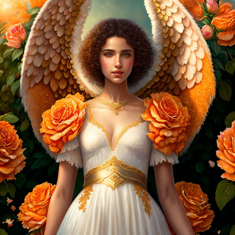 Digital painting: Woman with angel wings in white and gold dress among orange roses