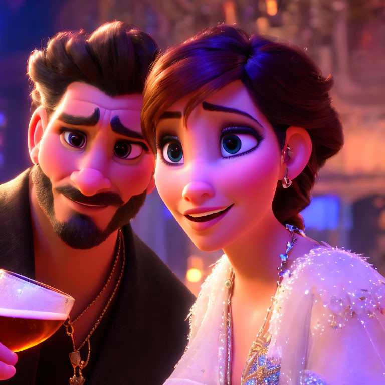 Man and woman animated characters smiling at social event with warm backdrop.