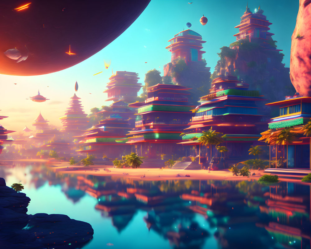 Futuristic sci-fi cityscape with alien planet and floating structures