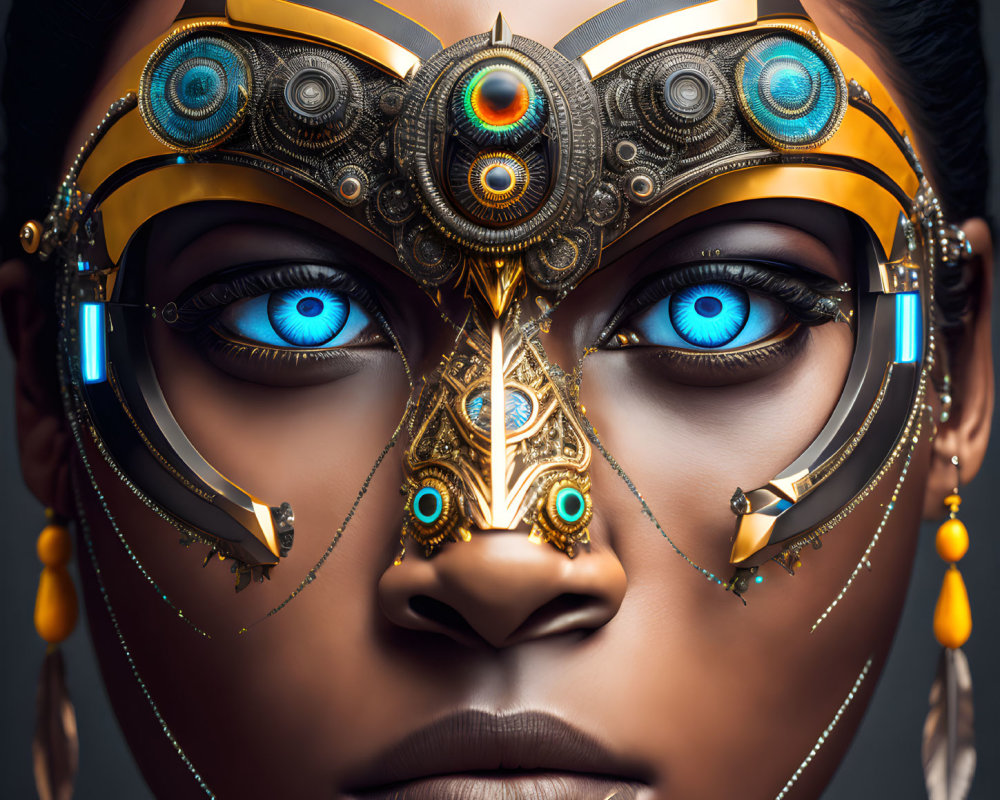 Blue-eyed woman in futuristic gold and bronze mask with mechanical elements